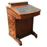 A VICTORIAN WALNUT INLAID DAVENPORT, CIRCA 1880, cushion form compartmented top section over a