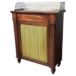 A REGENCY ROSEWOOD CHIFFONIER of small proportions the brass fret cut gallery over a brass inlaid