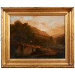 FOLLOWER OF JAMES ARTHUR O'CONNOR, 'HERDING GOATS ACROSS A BRIDGE' OIL PAINTING ON CANVAS, 36 x 48