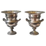 A PAIR OF SILVER PLATED CAMPANA FORM URN WINE COOLERS, 20th century