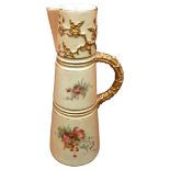 A ROYAL WORCESTER IVORY BLUSH JUG, CIRCA 1900, tapered sectional form with floral spray decoration