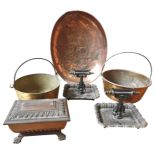 A PAIR OF CAST-IRON BOOT SCRAPERS, TWO PRESERVE PANS AND LARGE COPPER BOWL, along with a copper