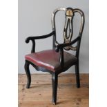 A FRENCH BLACK LACQUER & BOULE WORK CHAIR, EARLY 20TH CENTURY, arched top rail above a pierced splat