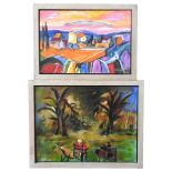 TWO ROBERT VERONEK CONTEMPORARY OIL PAINTINGS ON CANVAS, depicting garden scene and continental