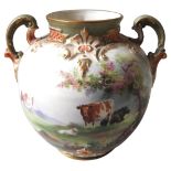A ROYAL WORCESTER GLOBULAR PORCELAIN VASE, CIRCA 1901, the sides hand painted with bucolic scenes of