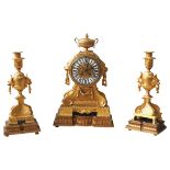 LOUIS XV STYLE GILT BRONZE GARNITURE, LATE 19TH CENTURY, the clock in an elaborate cartouche form