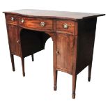 A 19TH CENTURY MAHOGANY SIDEBOARD, serpentine form, shaped rectangular top over central long