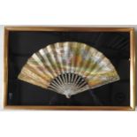 A MOTHER OF PEARL AND PAPER FAN, 19TH CENTURY, hand painted with romantic scene
