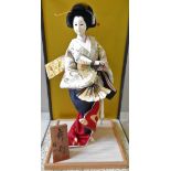 A TRADITIONAL JAPANESE GEISHA DOLL, IN GLASS DISPLAY CASE. 53 cms high (case)