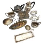 A SILVER PLATED AND GLASS SARDINE DISH, a four piece plated tea set, a toast rack and other plated