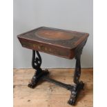 A 19TH CENTURY CHINOSERIE SEWING TABLE, the rectangular top with moulded oval cartouche, with ornate