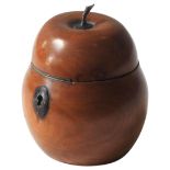 A GEORGE III PEAR FORM FRUITWOOD TEA CADDY, the hinged cover with applied metal stalk 12 cm high,