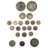 A VICTORIAN SILVER CROWN, DOUBLE FLORIN AND A GEORGE III SILVER SHILLING, along with fourteen