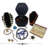 A GROUP OF COSTUME , including glass bead necklaces, cocktail watch, earrings and other necklaces. A