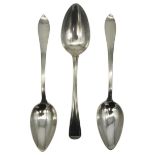 A PAIR OF DUTCH SILVER DESSERT SPOONS AND AN ENGLISH SILVER DESSERT SPOON, the English spoon