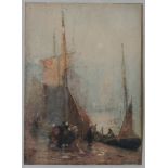 A 19TH CENTURY WATERCOLOUR OF QUAYSIDE SCENE, depicting figures unloading a catch from fishing boat,