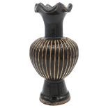 A CHINESE CIZHOU STYLE POTTERY VASE, 20TH CENTURY, undulating rim with a wide baluster ribbed