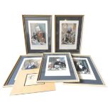 A FRAMED SET OF MCQUEEN'S DOGS AT THE JUBILEE BANQUET PRINTS, LATER HAND COLOURED AND FRAMED AND A