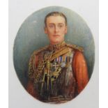 AN EARLY 20TH CENTURY MINIATURE PORTRAIT WATERCOLOUR, on oval ivory panel, depicting highly