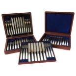 TWO CASED SETS OF MOTHER OF PEARL HANDLE FRUIT KNIVES AND FORKS, both sets comprised of twelve