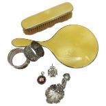 A SILVER AND GUILLOCHE ENAMEL BRUSH AND MIRROR, NAPKIN RINGS AND CADDY SPOON, the mirror and brush