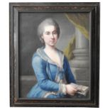 AN 18TH CENTURY CONTINENTAL SCHOOL PORTRAIT OIL PAINTING ON CANVAS, unsigned, depicting seated