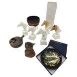 A MOORCROFT INGLESWOOD DISH, BOXED, FIVE ROYAL WORCESTER PORCELAIN HORSES HEADS, TWO POTTERY BIRD