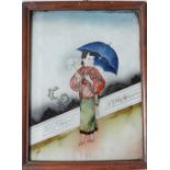 A 19TH CENTURY CHINESE EXPORT REVERSE PAINTED GLASS PICTURE, of female courtier with parasol, in a