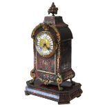 A FRENCH BOULLE WORK MANTEL CLOCK, 19TH CENTURY, tortoise shell lacquered arch form case with scroll