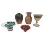 A GROUP OF FIVE GLAZED STUDIO POTTERY PIECES, LATE 20TH CENTURY, the lot comprised of a Margaret