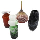 A LARGE VINTAGE ART GLASS 'ONION' VASE, TWO MARBLE EFFECT GLASS VASES AND FLARED MOUTH VASE, CIRCA