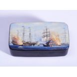 COMMANDER GEOFF HUNT R.N., A PAPIER MACHE BOX the lid hand painted with a naval battle scene of