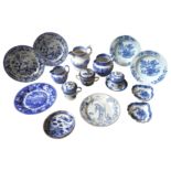 AN EARLY 19TH CENTURY DELFT PLATE, TWO COPELAND SPODE JUGS AND OTHER BLUE AND WHITE WARES, the lot