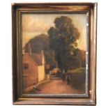 A 19TH CENTURY OIL PAINTING ON CANVAS, depicting figures in a village street scene, unsigned,