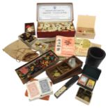 A MAHJONG SET, A SELECTION OF DICE, VARIOUS MATERIALS, ASSORTED BONE LETTER COUNTERS, CHESS