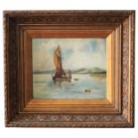A 19TH CENTURY OIL ON BOARD OF FISHING BOAT, moored off the coast with town and hills beyond,