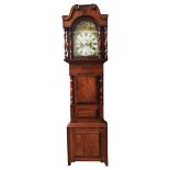 A MAHOGANY 19TH CENTURY LONGCASE CLOCK, with an 8-day movement, painted arch dial with subsidiary