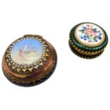 TWO VINTAGE FRENCH ENAMELLED PILL BOXES, CIRCA 1920, the larger a cobalt blue circular box decorated