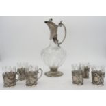 A CHRISTOPHLE GALLIA METAL MOUNTED CARAFE AND SIX MATCHING GLASSES, 20TH CENTURY, the carafe and