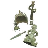 A GROUP OF FIVE CHINESE ARCHAISTIC ITEMS 20TH CENTURY comprising two figures, a helmet, a spear