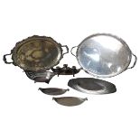 A GROUP OF SILVER PLATED WARES, the lot comprised of two large oval serving trays, inkstand, pierced