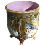 AN ENGLISH MAJOLICA JARDINIERE, CIRCA 1880, probably by Thomas Forester, gadrooned rim, panel