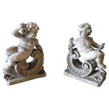 A PAIR OF COMPOSITE PUTTI FIGURES, 20TH CENTURY, both cream painted, the seated figures raised on