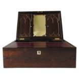 AN INERESTING WILLIAM IV ROSEWOOD WRITING SLOPE, the case with brass line inlay folding out in three