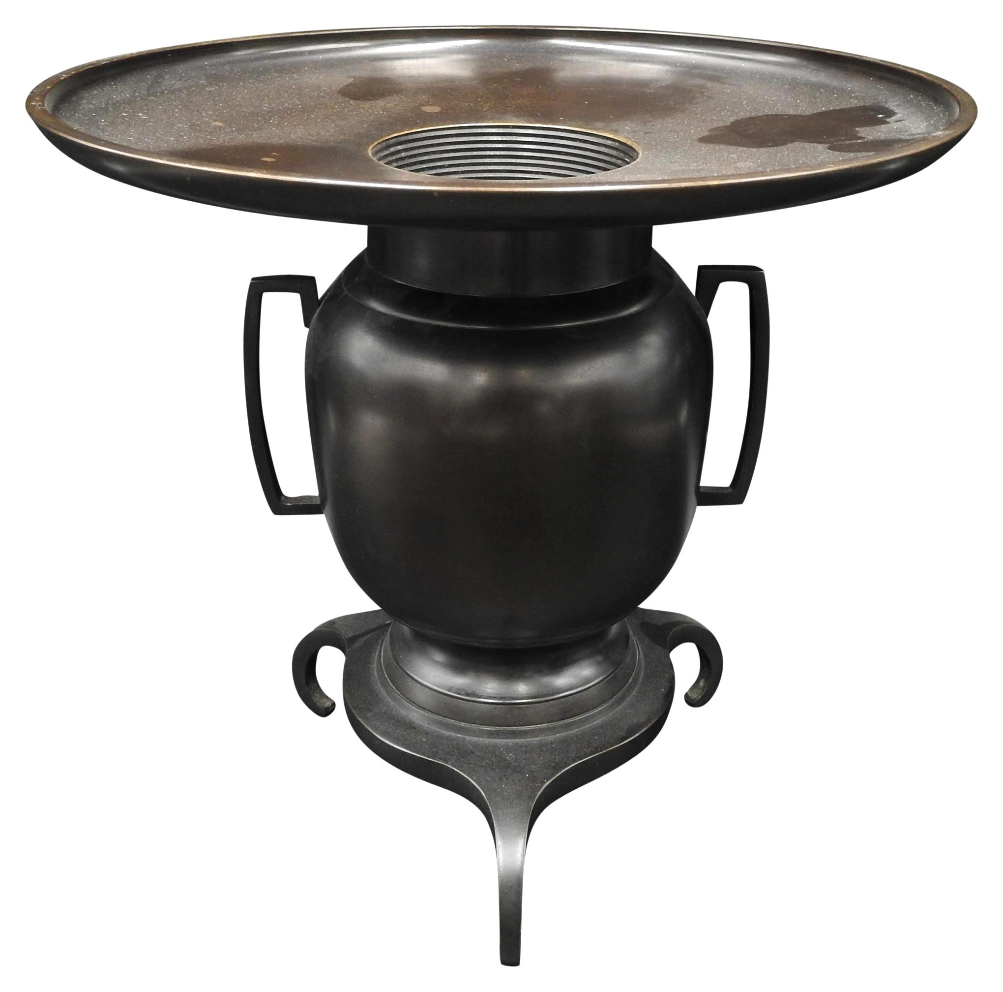 A JAPANESE BRONZE URN, 20TH CENTURY, simplistic form,  the circular dish sat atop a baluster form