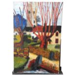 A CONTEMPORARY VILLAGE SCENE OIL PAINTING, signed Rosa Geldon in lower right corner, unframed 76 x