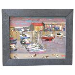 A CONTEMPORARY OIL PAINTING ON CANVAS OF LYME REGIS HARBOUR, indistinctly signed and dated 2013 in