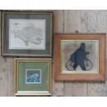A 19TH CENTURY SILHOUETTE PICTURE, MAP OF DORSETSHIRE AN A SMALL ABSTRACT PAINTING, the silhouette