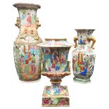 THREE CHINESE FAMILLE ROSE VASES, QING DYNASTY, 19TH CENTURY, each decorated with courtiers