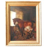 AFTER EDWIN HENRY LANDSEER , 'SHOEING THE BAY MARE' OIL PAINTING ON CANVAS, signed and dated 'Harold